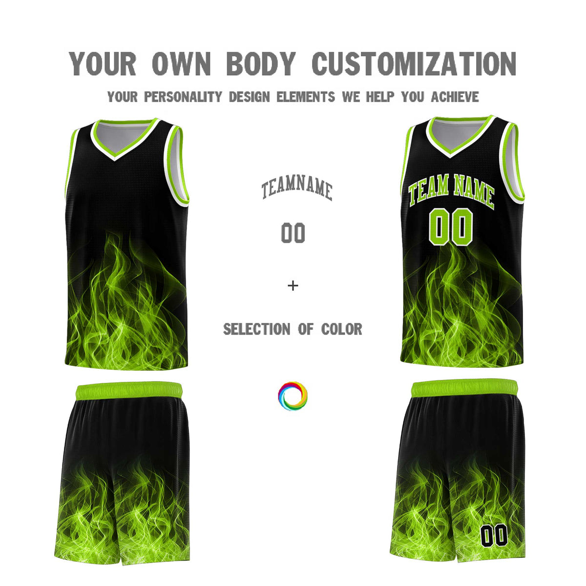 Custom Youth Basketball Jersey Black Neon Green Flame Design Personalized Team Uniform Set