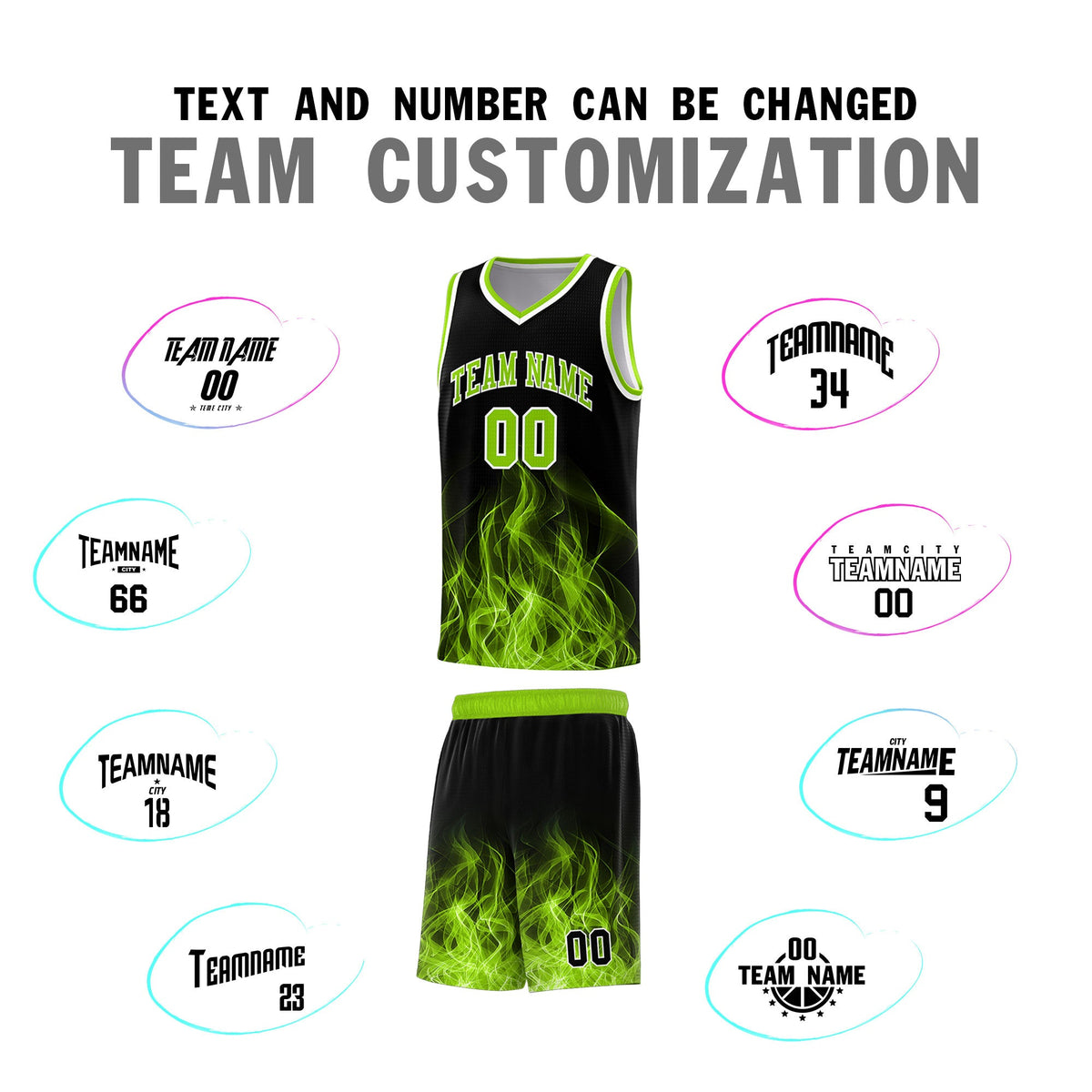 Custom Youth Basketball Jersey Black Neon Green Flame Design Personalized Team Uniform Set