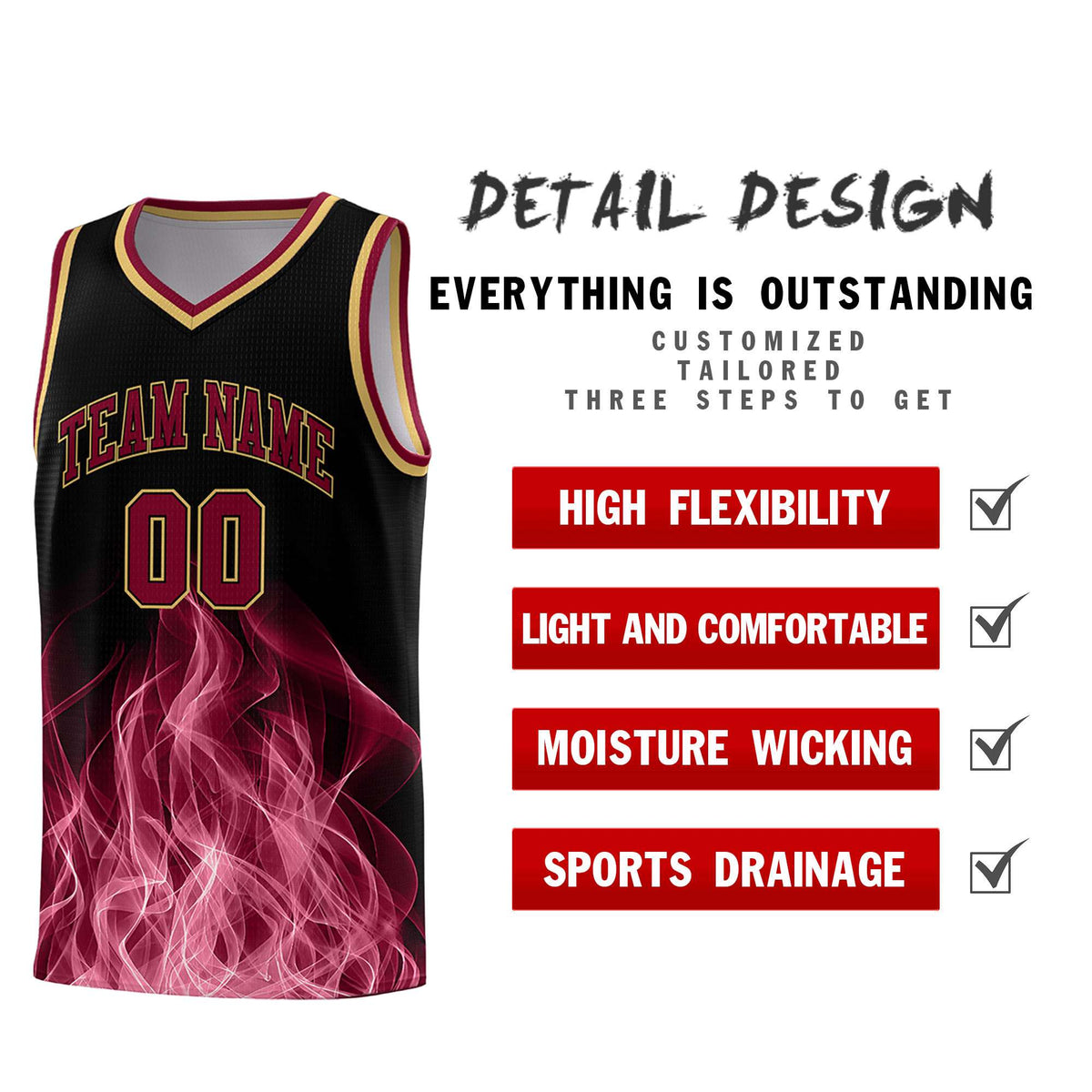 Custom Youth Basketball Jersey Black Crimson Flame Design Unique Team Uniform Set