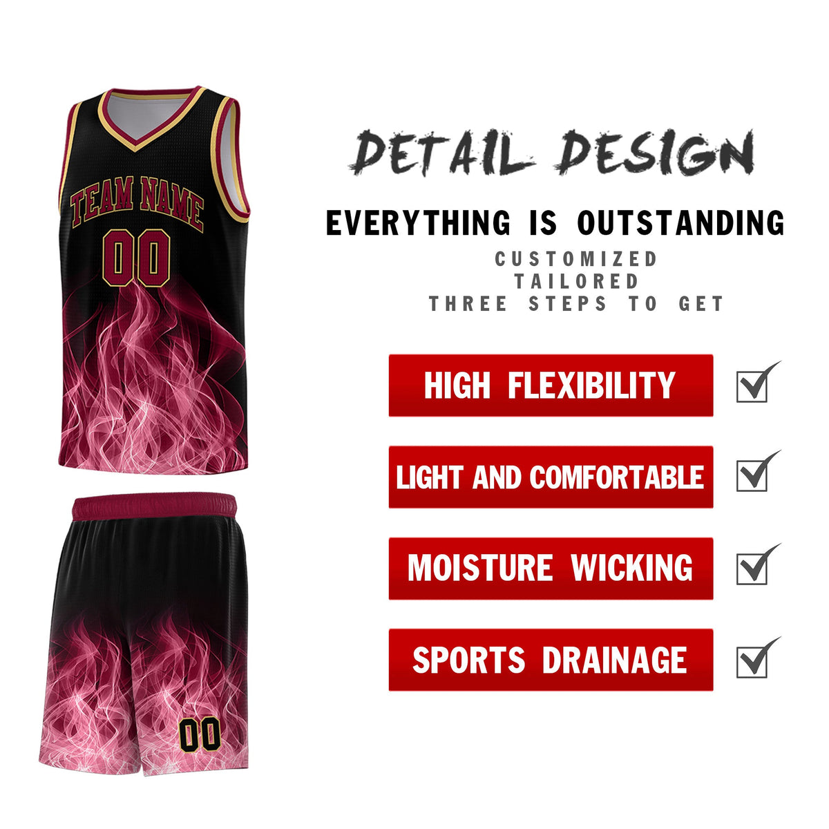 Custom Youth Basketball Jersey Black Crimson Flame Design Unique Team Uniform Set