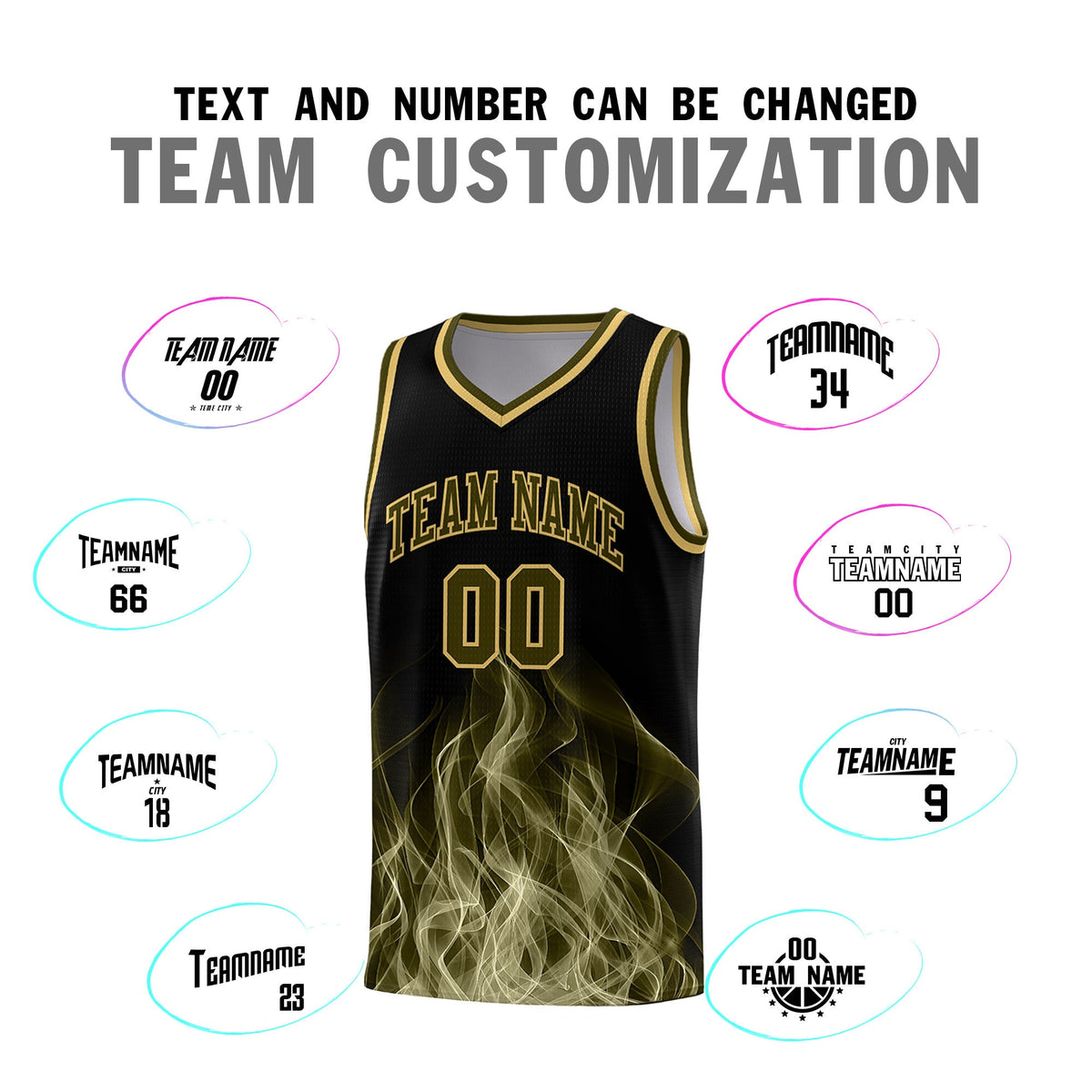 Custom Youth Basketball Jersey Black Khaki Flame Design Personalized Team Uniform Set