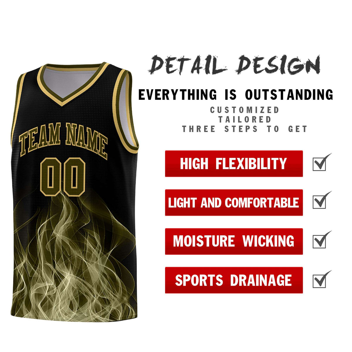 Custom Youth Basketball Jersey Black Khaki Flame Design Personalized Team Uniform Set