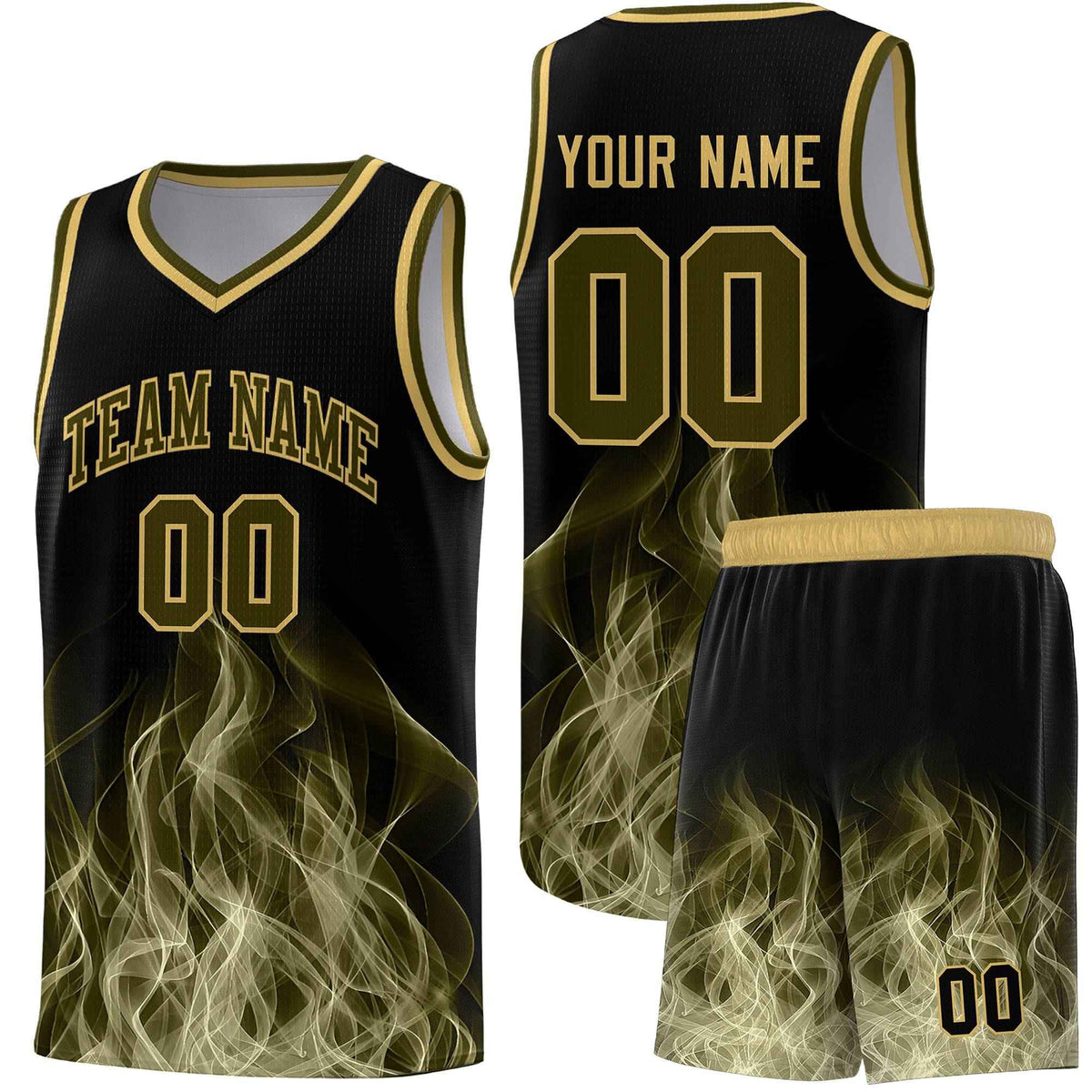 Custom Youth Basketball Jersey Black Khaki Flame Design Personalized Team Uniform Set