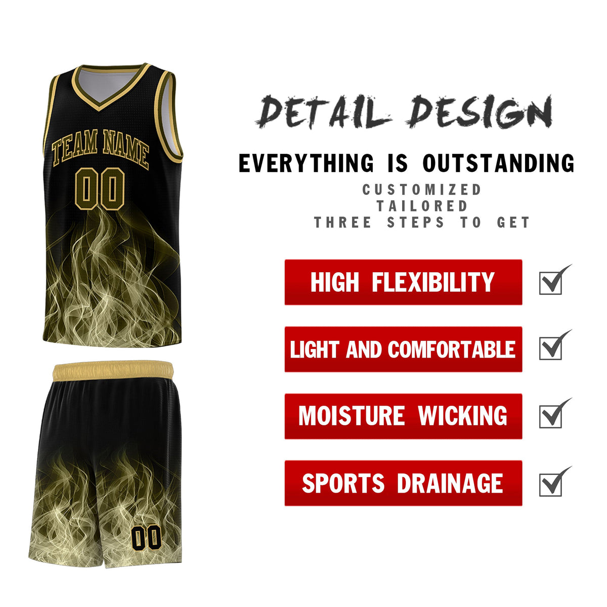 Custom Youth Basketball Jersey Black Khaki Flame Design Personalized Team Uniform Set