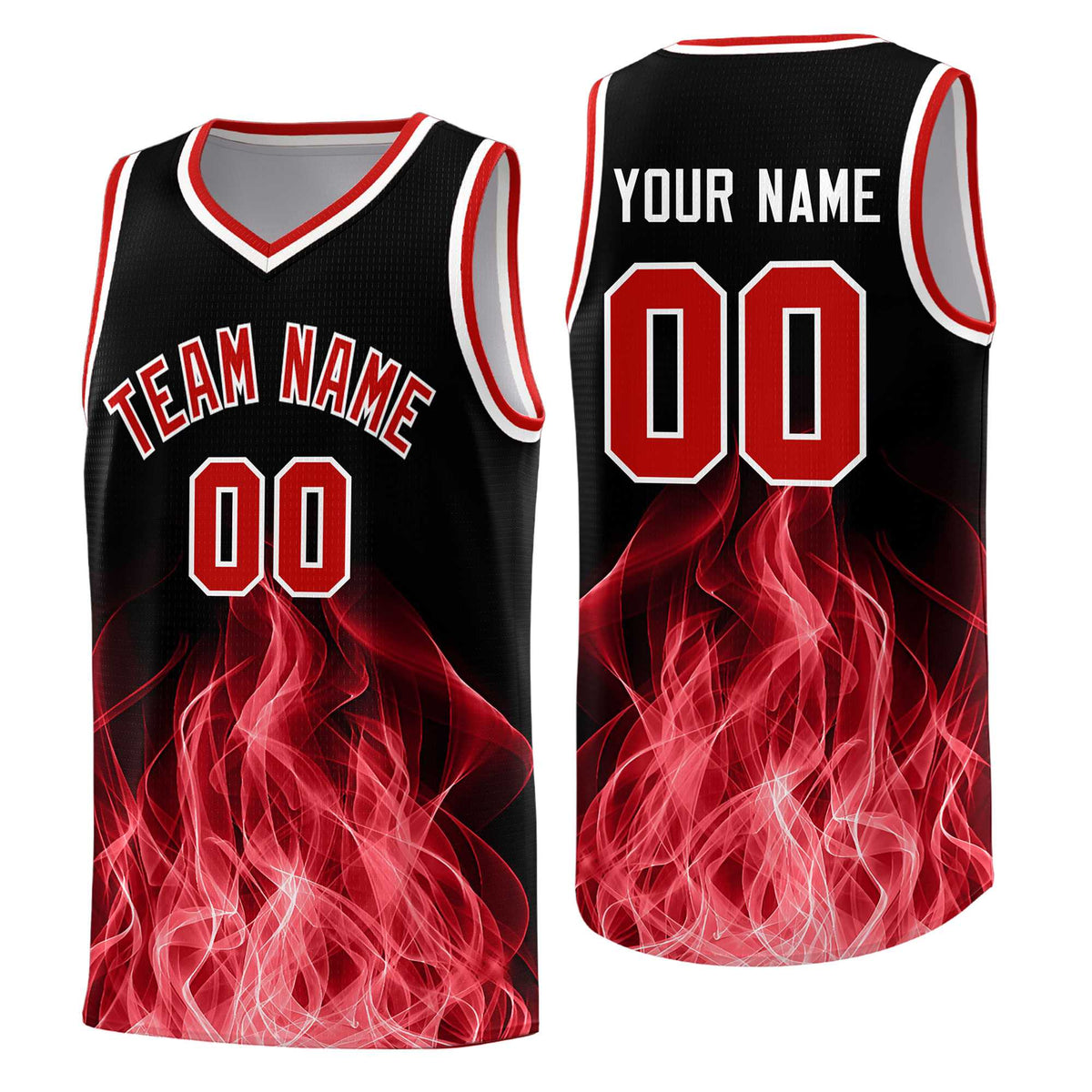 Custom Youth Basketball Jersey Black Red Flame Fire Design Personalized Team Uniform Set