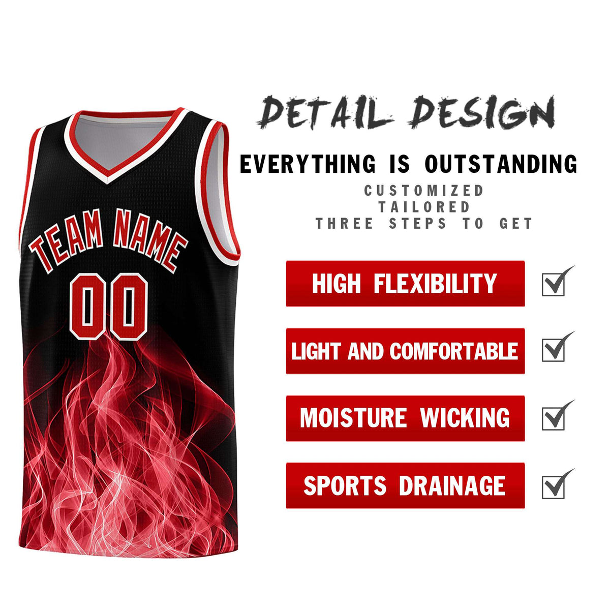 Custom Youth Basketball Jersey Black Red Flame Fire Design Personalized Team Uniform Set
