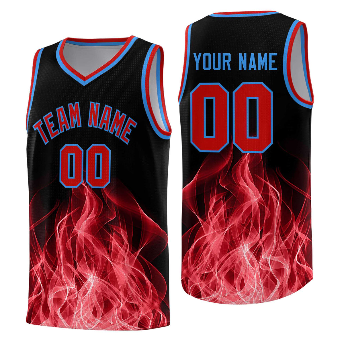 Custom Youth Basketball Jersey Black Red Flame Design Unique Team Uniform Set
