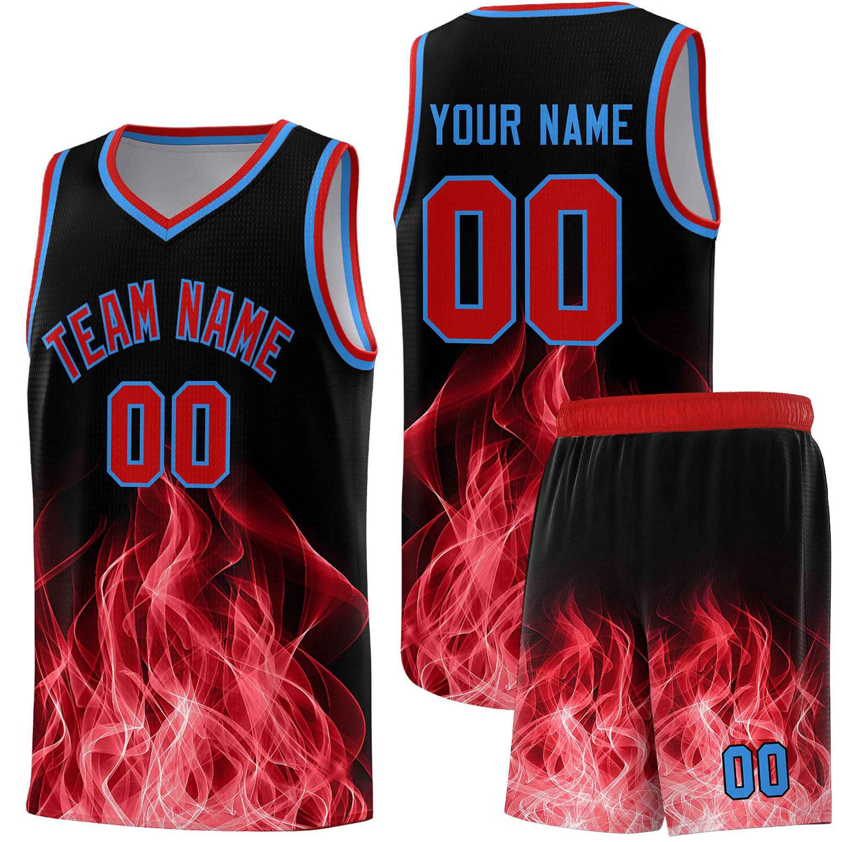 Custom Youth Basketball Jersey Black Red Flame Design Unique Team Uniform Set