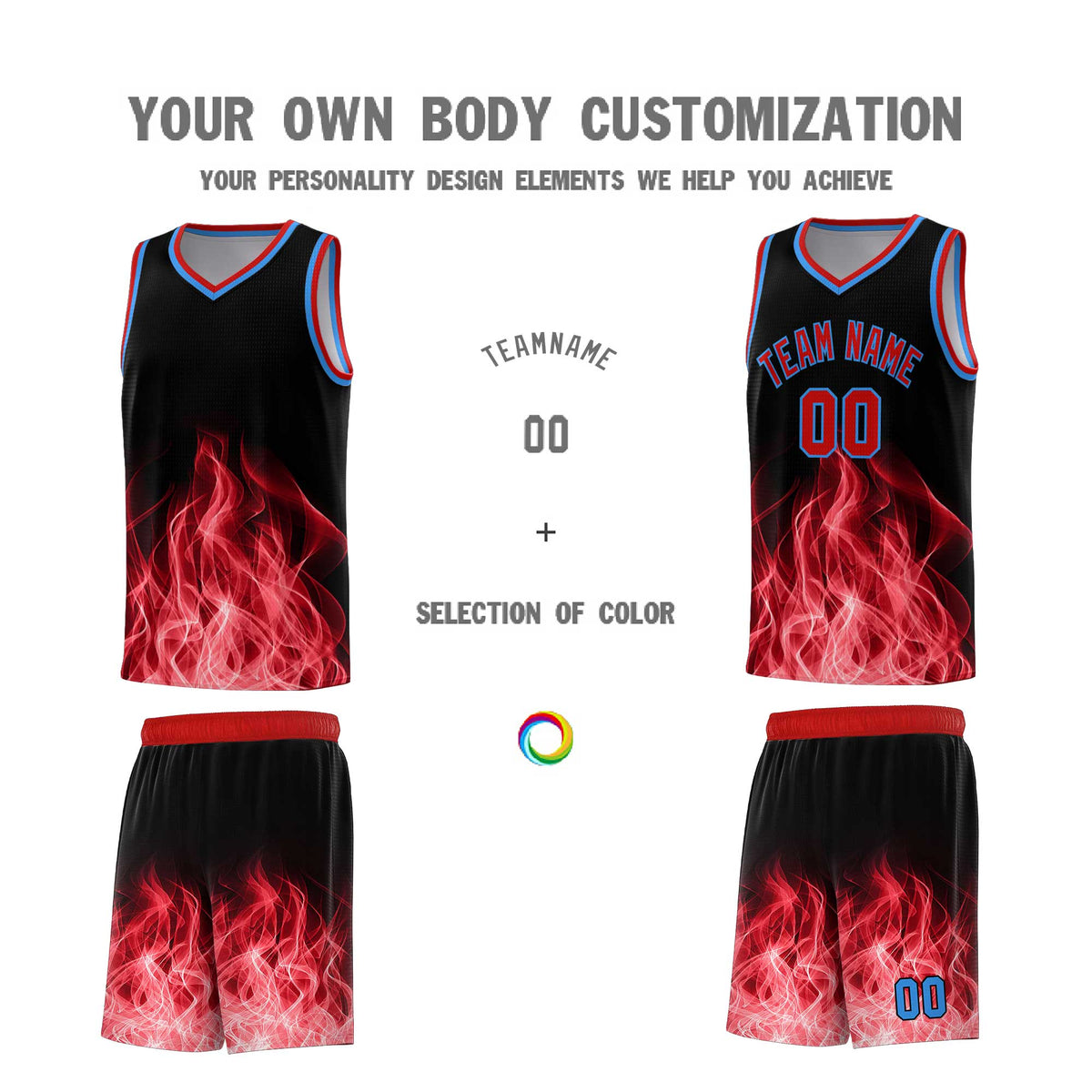 Custom Youth Basketball Jersey Black Red Flame Design Unique Team Uniform Set
