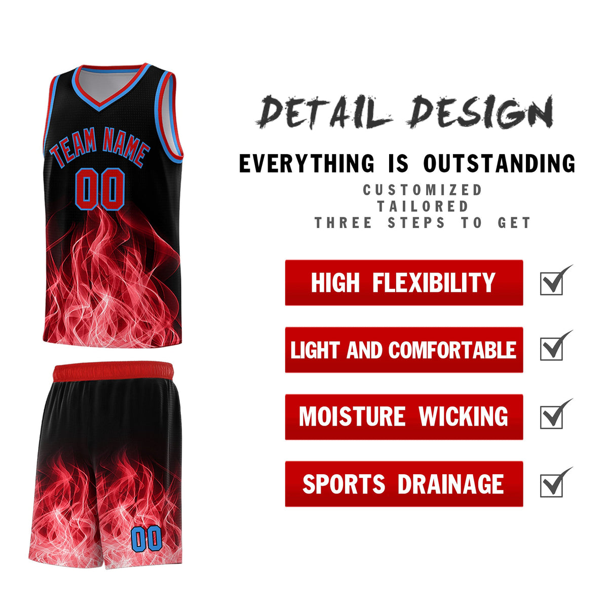 Custom Youth Basketball Jersey Black Red Flame Design Unique Team Uniform Set
