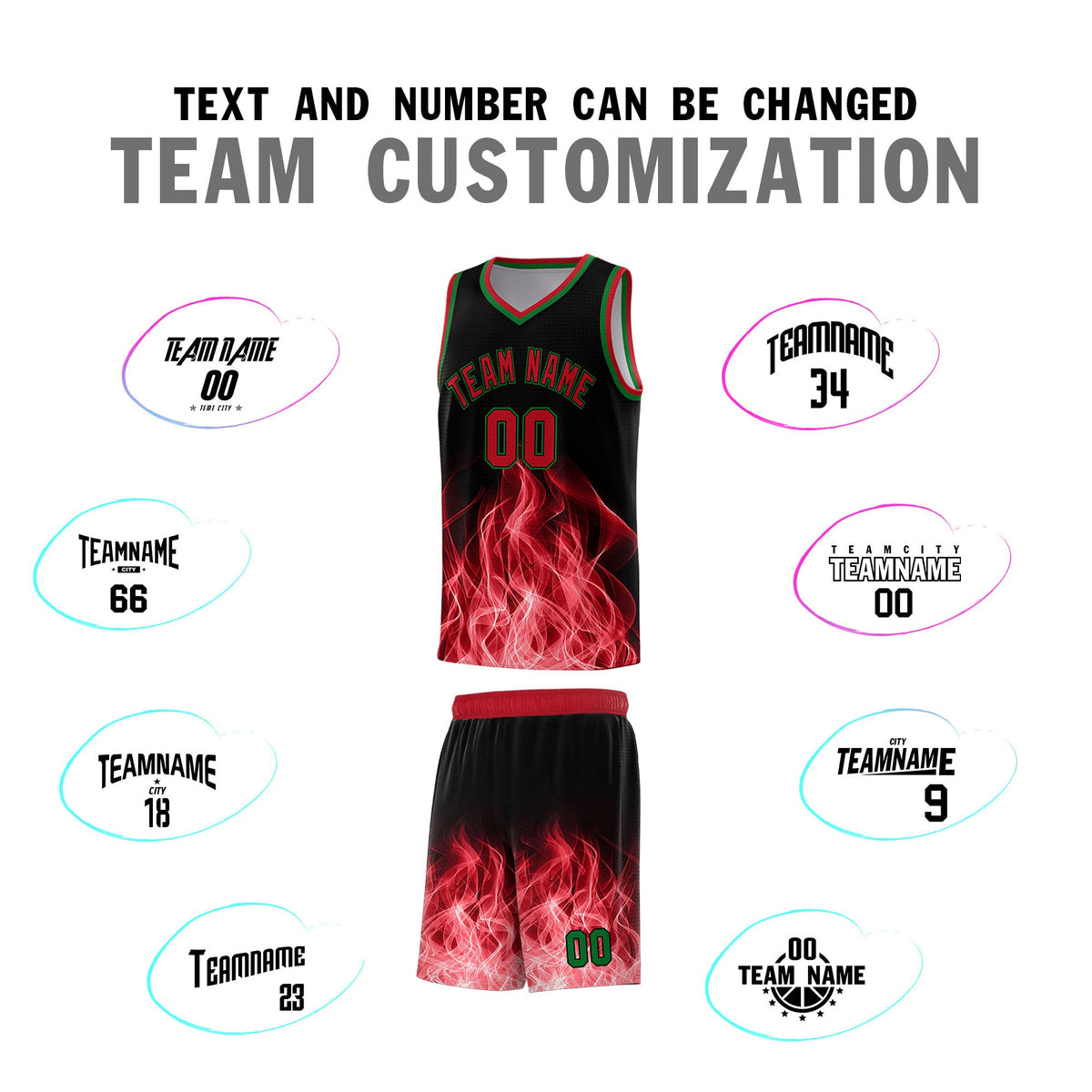 Custom Youth Basketball Jersey Black Red Flame Fire Design Personalized Team Uniform Set
