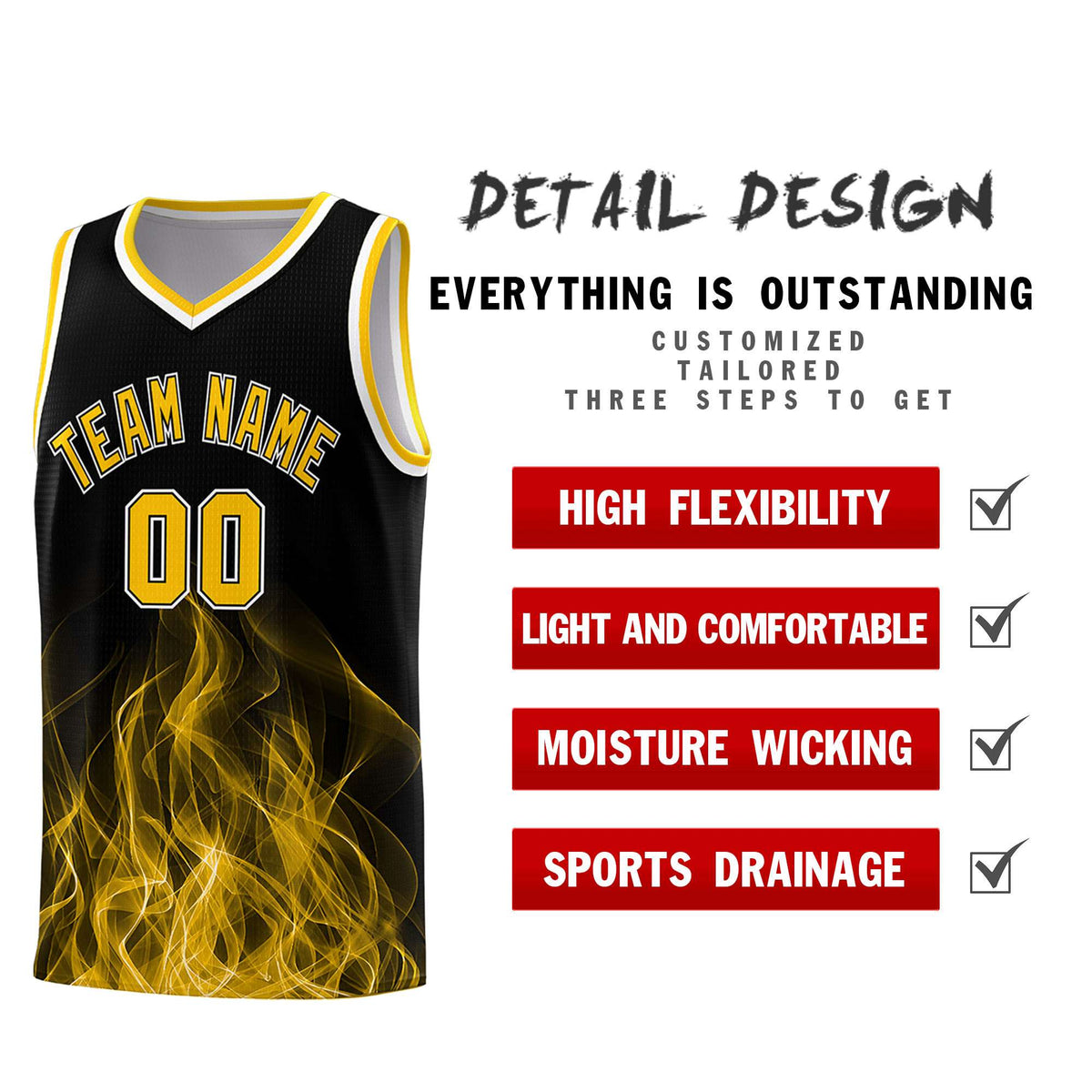 Custom Youth Basketball Jersey Black Yellow Flame Fire Design Personalized Team Uniform Set