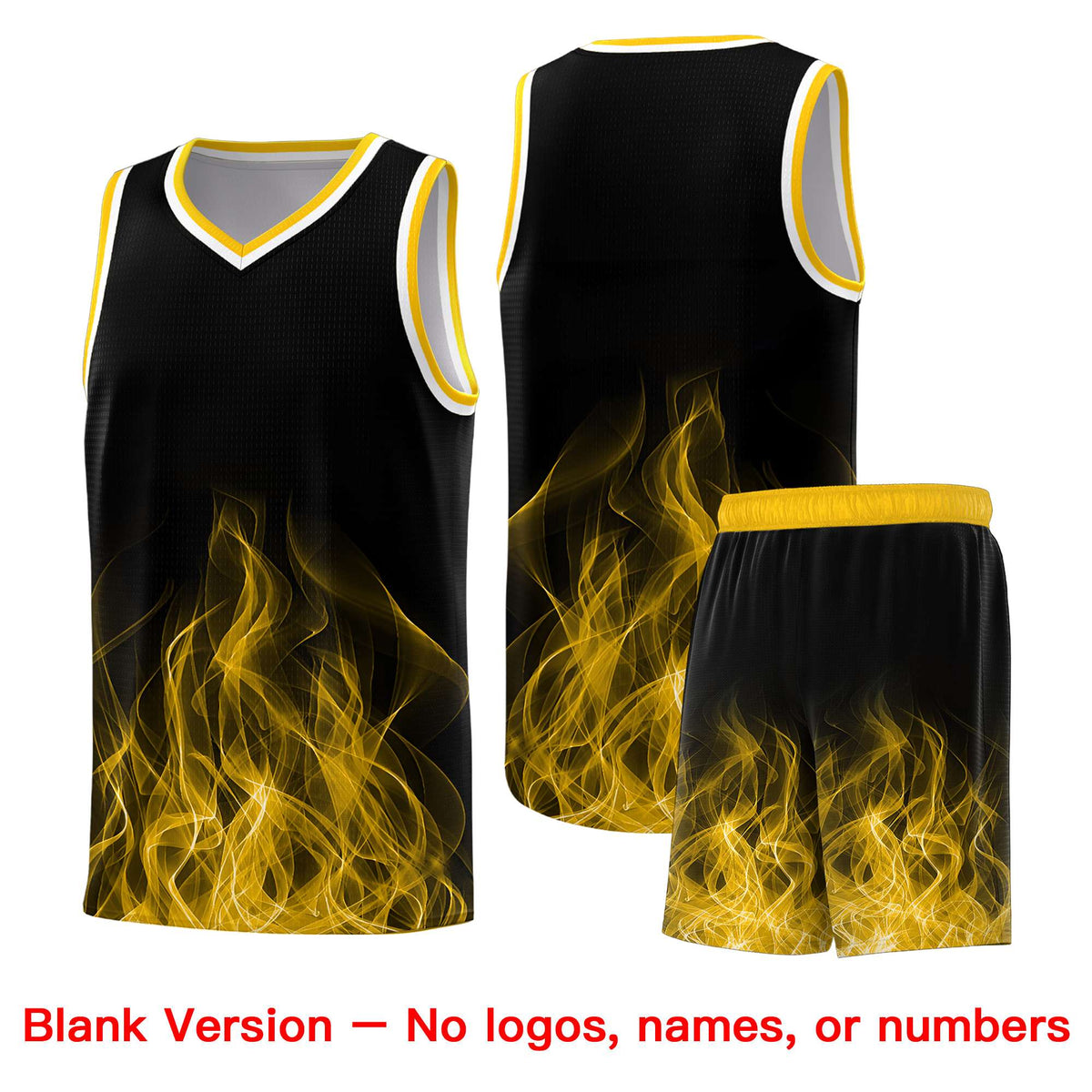 Custom Youth Basketball Jersey Black Yellow Flame Fire Design Personalized Team Uniform Set