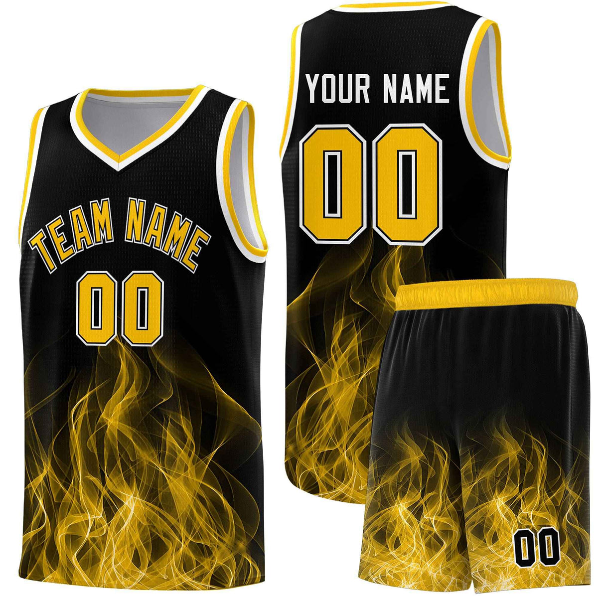 Custom Youth Basketball Jersey Black Yellow Flame Fire Design Personalized Team Uniform Set
