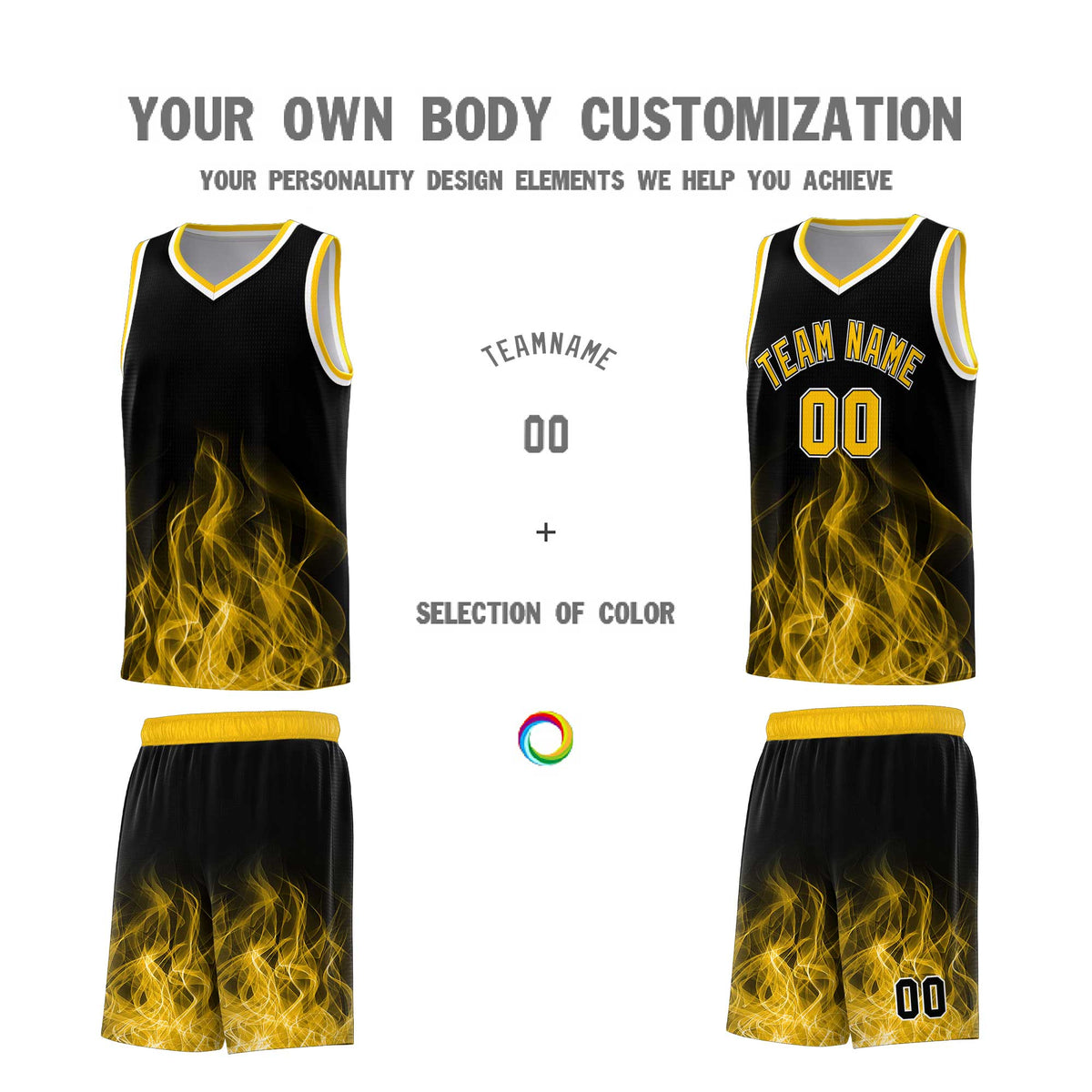 Custom Youth Basketball Jersey Black Yellow Flame Fire Design Personalized Team Uniform Set