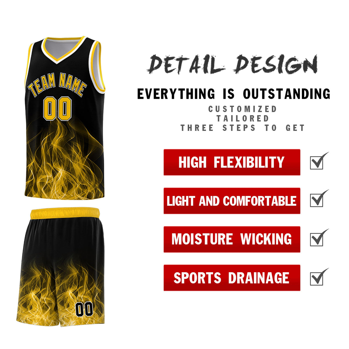 Custom Youth Basketball Jersey Black Yellow Flame Fire Design Personalized Team Uniform Set