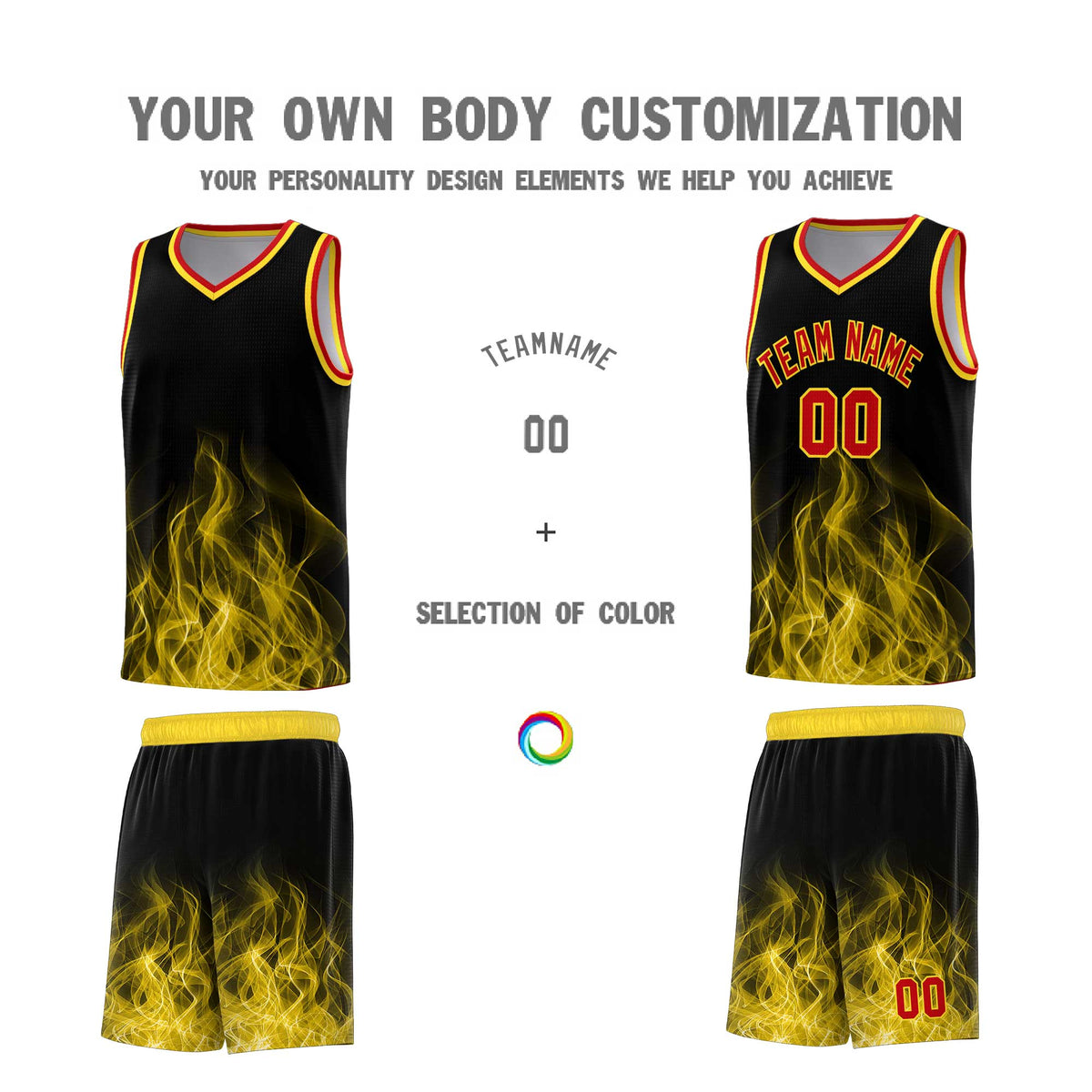 Custom Youth Basketball Jersey Black Gold Flame Design Unique Team Uniform Set