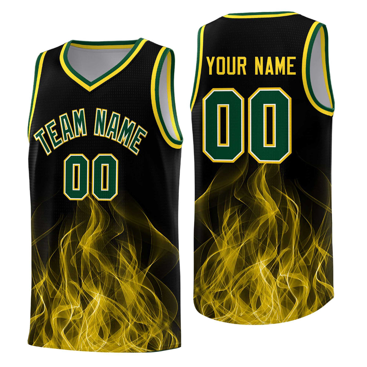 Custom Youth Basketball Jersey Black Gold Flame Design Personalized Team Uniform Set