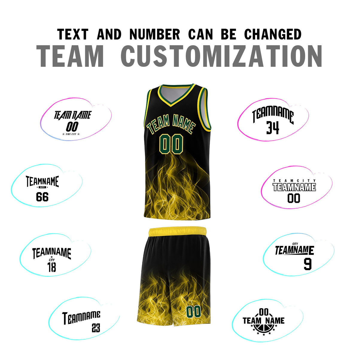 Custom Youth Basketball Jersey Black Gold Flame Design Personalized Team Uniform Set