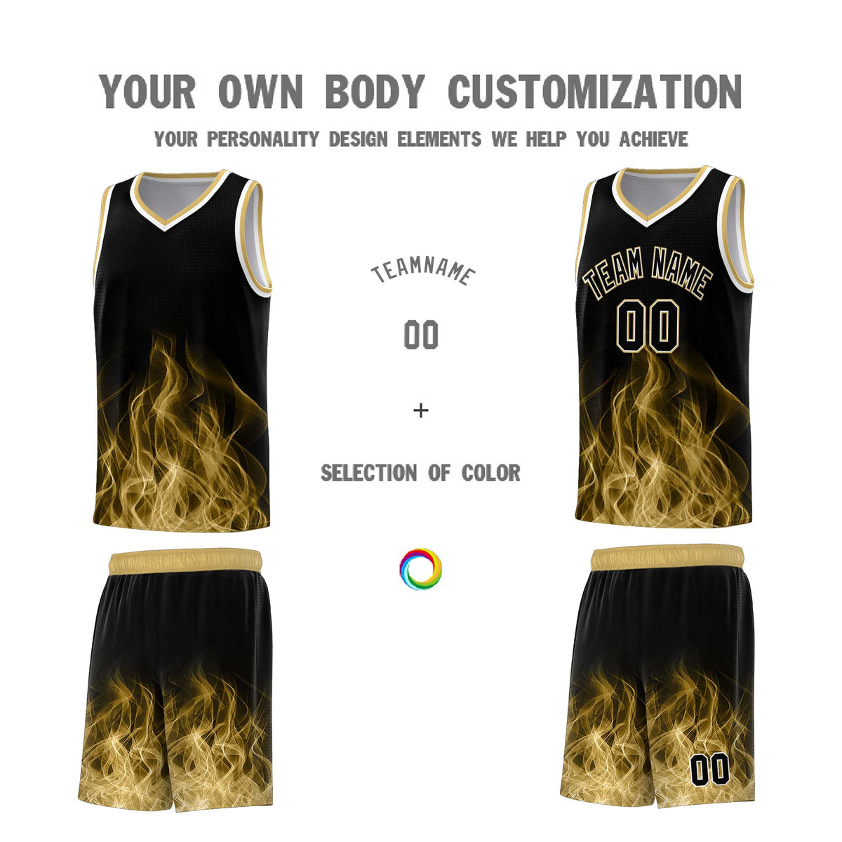 Custom Youth Basketball Jersey Black Old Gold Flame Fire Design Personalized Team Uniform Set