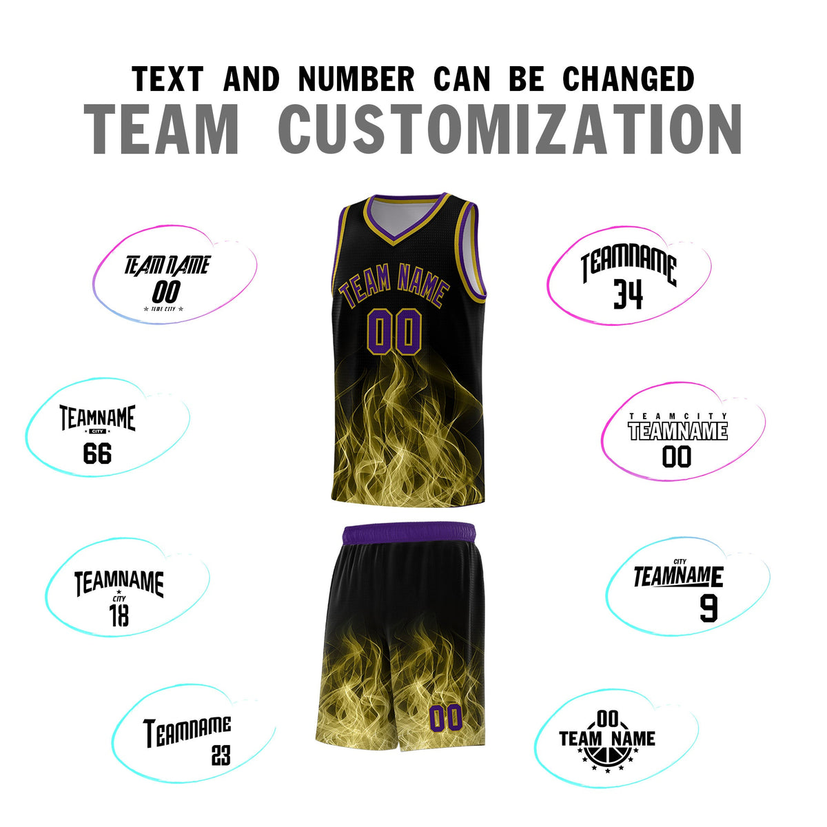 Custom Youth Basketball Jersey Black Purple Flame Design Unique Team Uniform Set