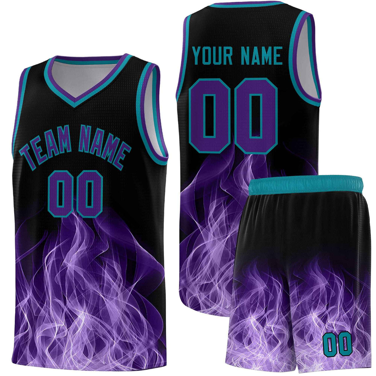 Custom Youth Basketball Jersey Black Teal Flame Design Unique Team Uniform Set