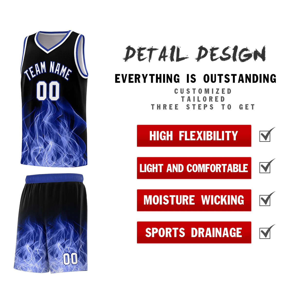 Custom Youth Basketball Jersey Black Royal Flame Design Personalized Team Uniform Set