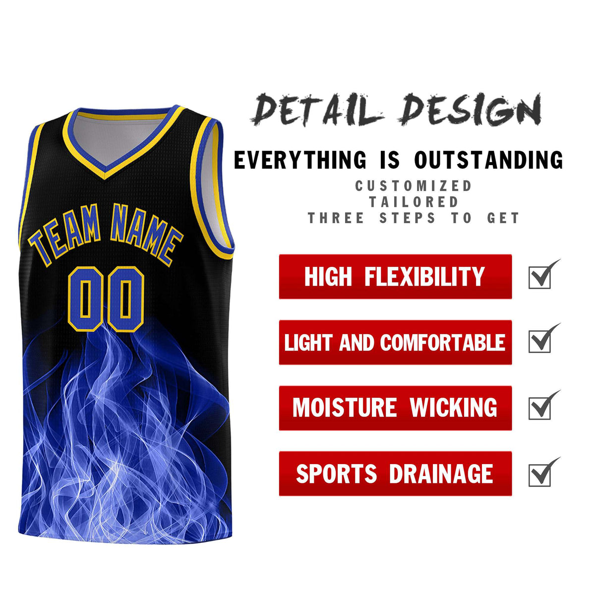 Custom Youth Basketball Jersey Black Gold Flame Fire Design Personalized Team Uniform Set