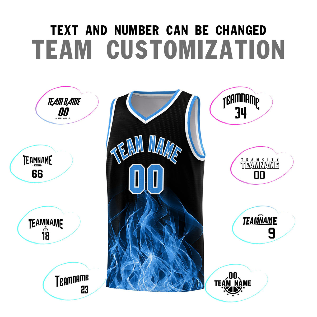 Custom Youth Basketball Jersey Black Light Blue Flame Design Unique Team Uniform Set