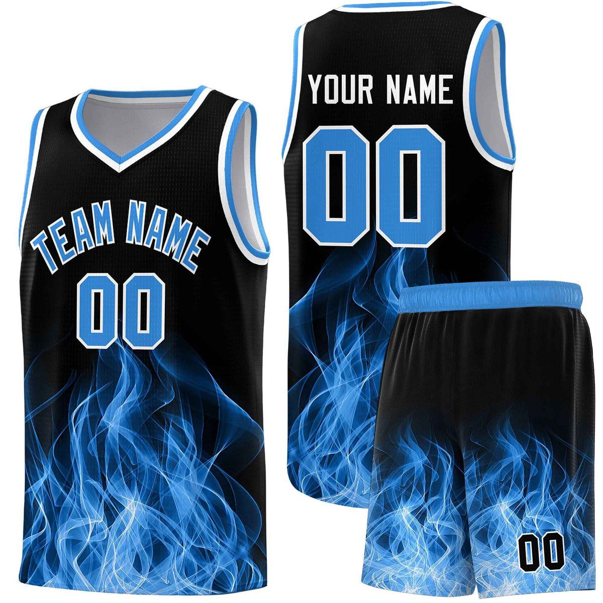 Custom Youth Basketball Jersey Black Light Blue Flame Design Unique Team Uniform Set