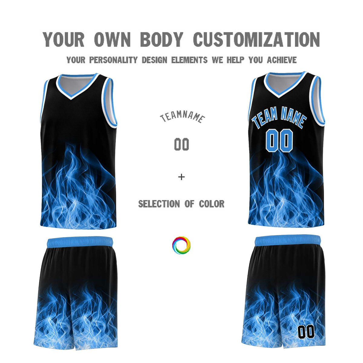 Custom Youth Basketball Jersey Black Light Blue Flame Design Unique Team Uniform Set