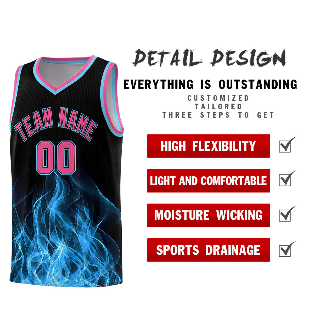 Custom Youth Basketball Jersey Black Pink Flame Design Personalized Team Uniform Set