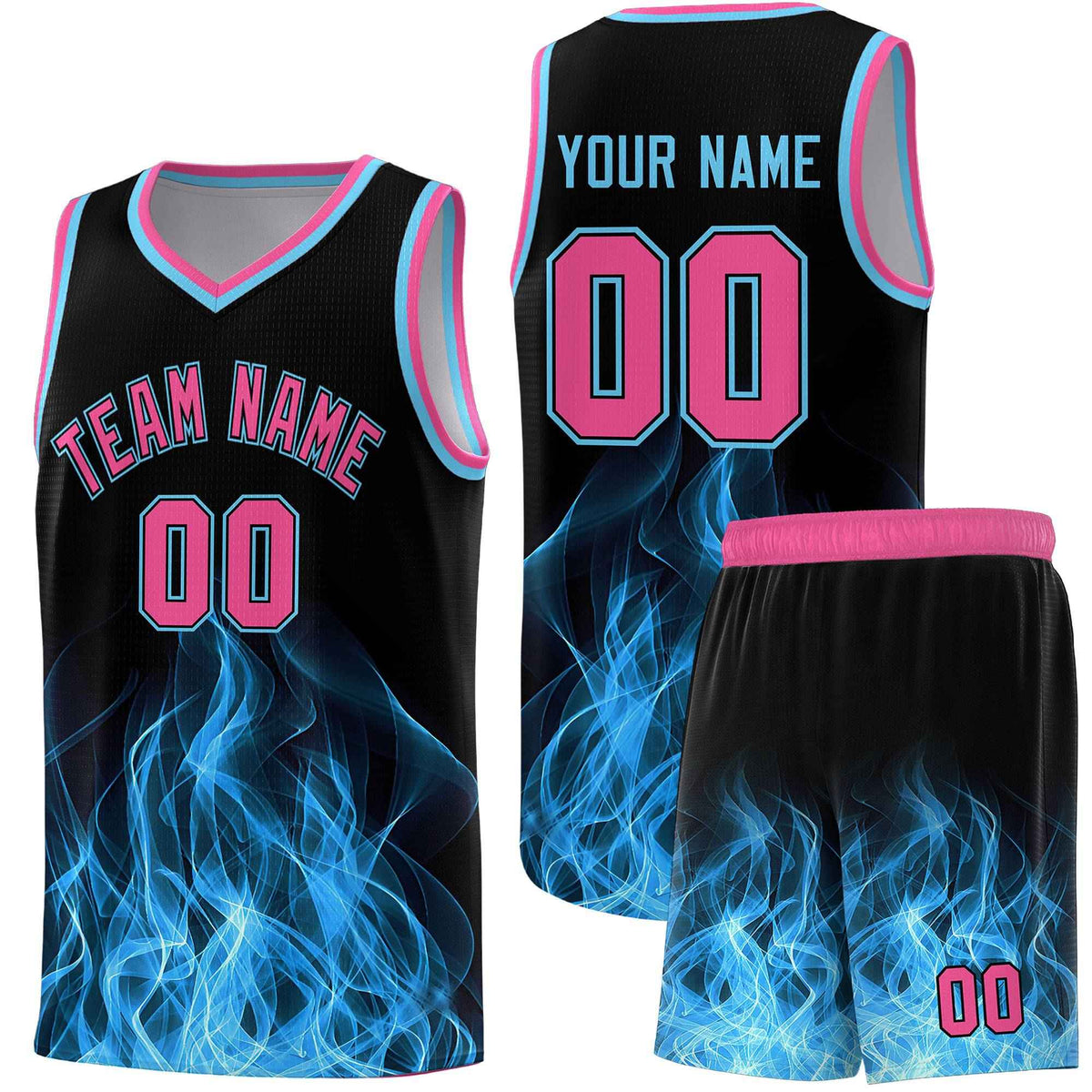 Custom Youth Basketball Jersey Black Pink Flame Design Personalized Team Uniform Set