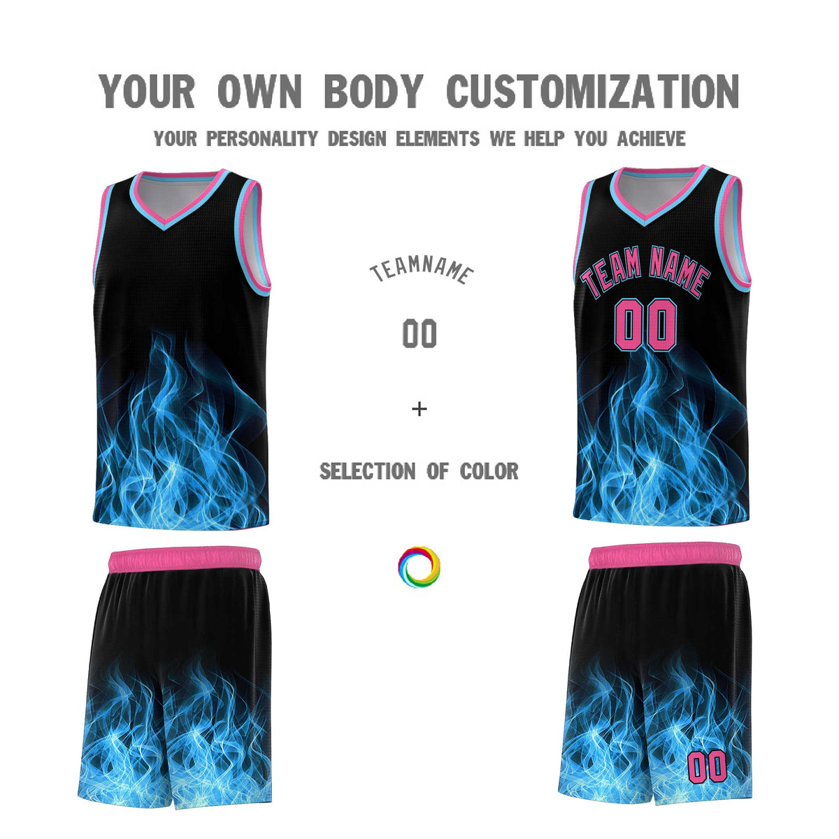 Custom Youth Basketball Jersey Black Pink Flame Design Personalized Team Uniform Set