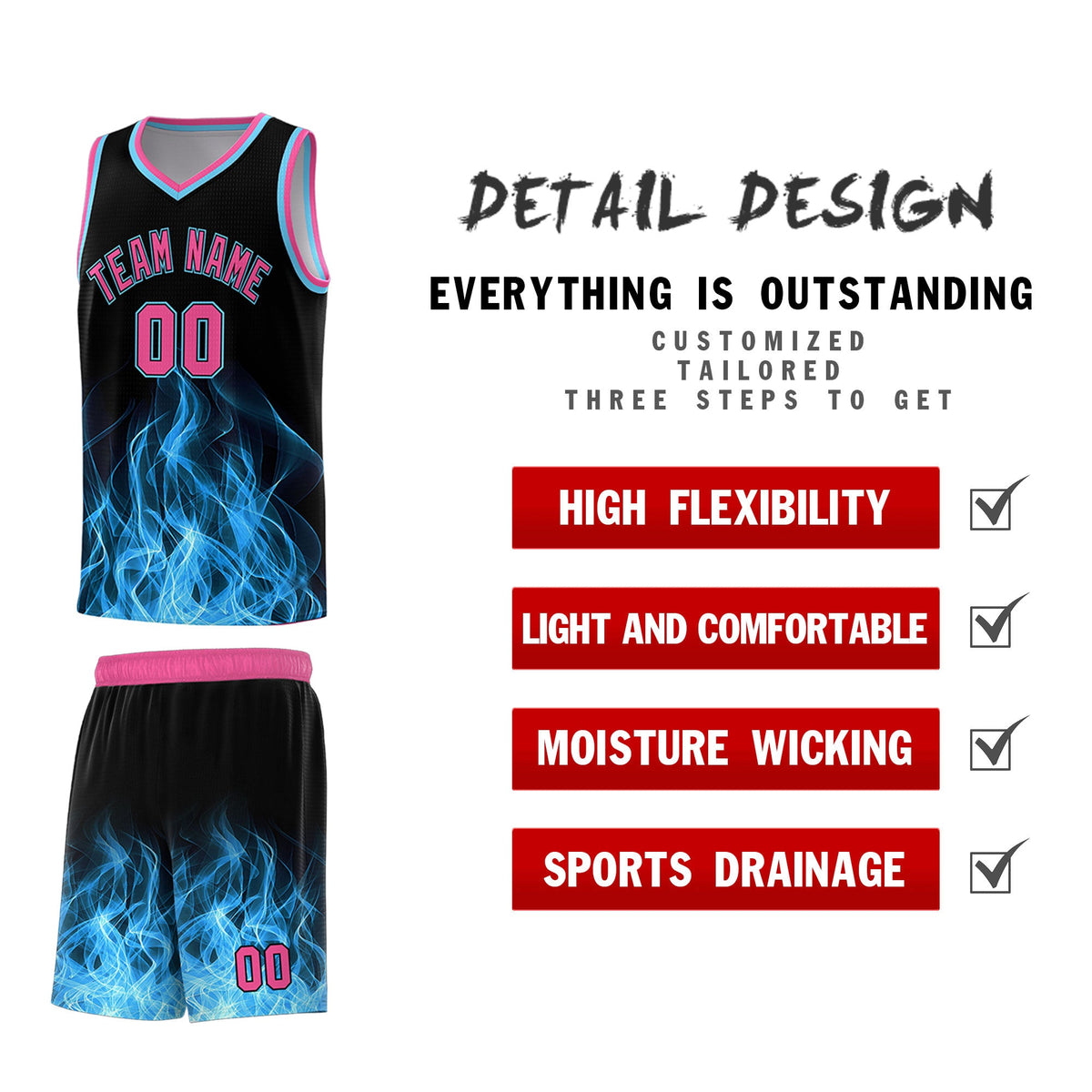 Custom Youth Basketball Jersey Black Pink Flame Design Personalized Team Uniform Set