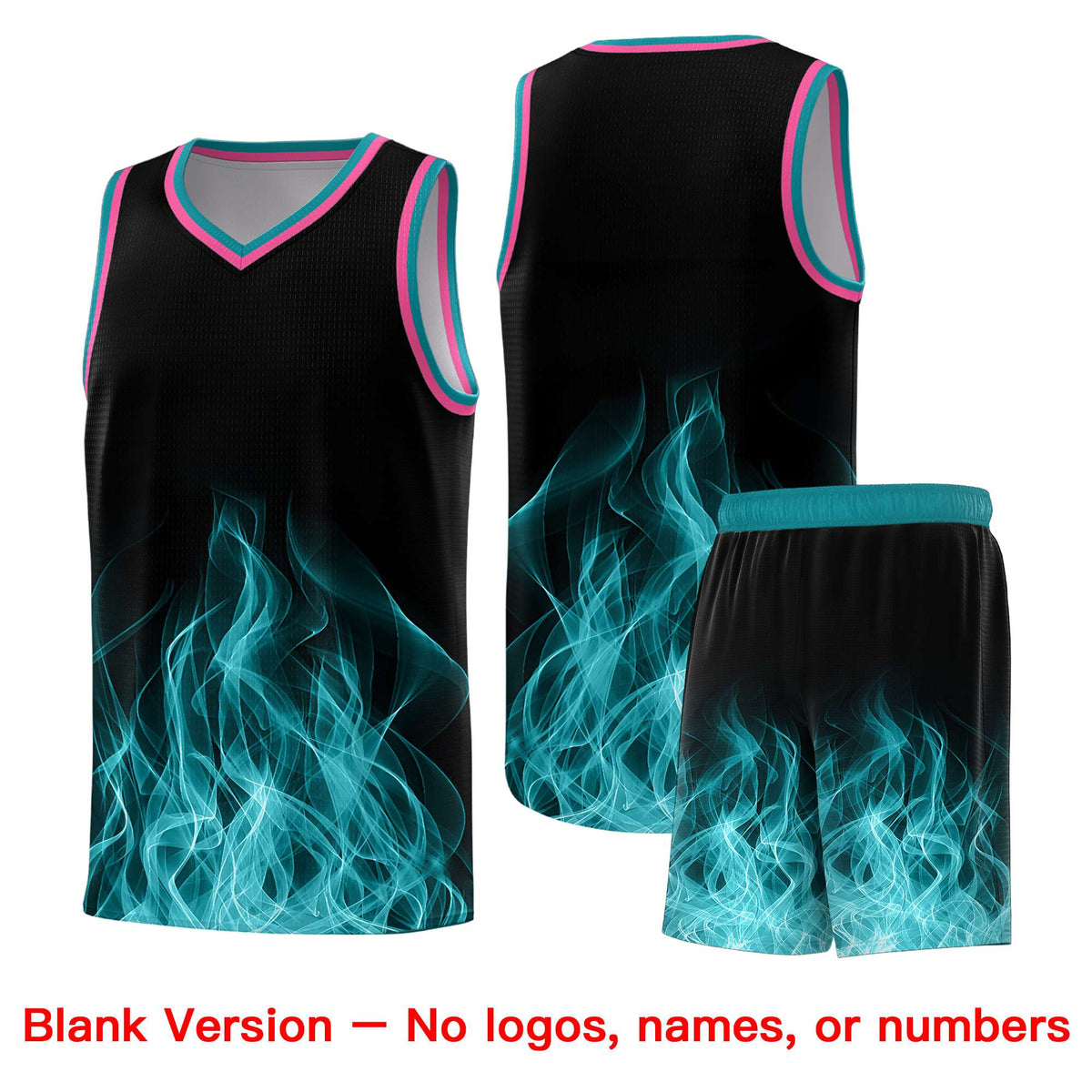 Custom Youth Basketball Jersey Black Teal Flame Fire Design Personalized Team Uniform Set