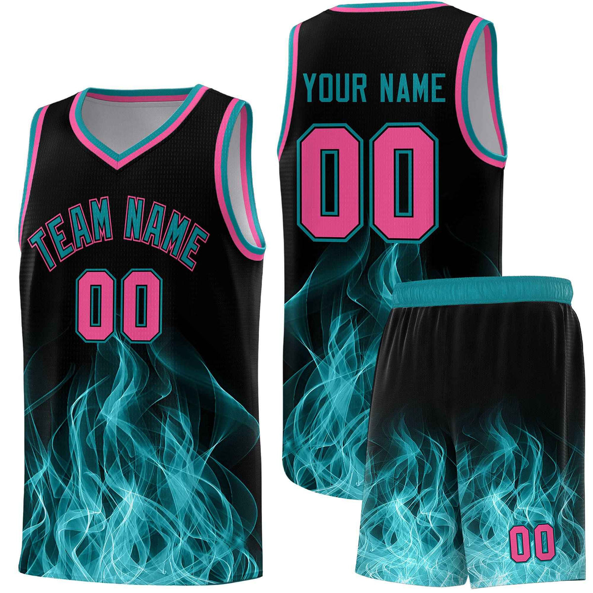 Custom Youth Basketball Jersey Black Teal Flame Fire Design Personalized Team Uniform Set