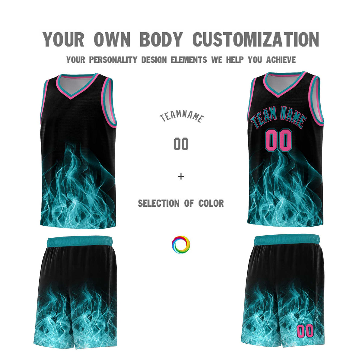 Custom Youth Basketball Jersey Black Teal Flame Fire Design Personalized Team Uniform Set