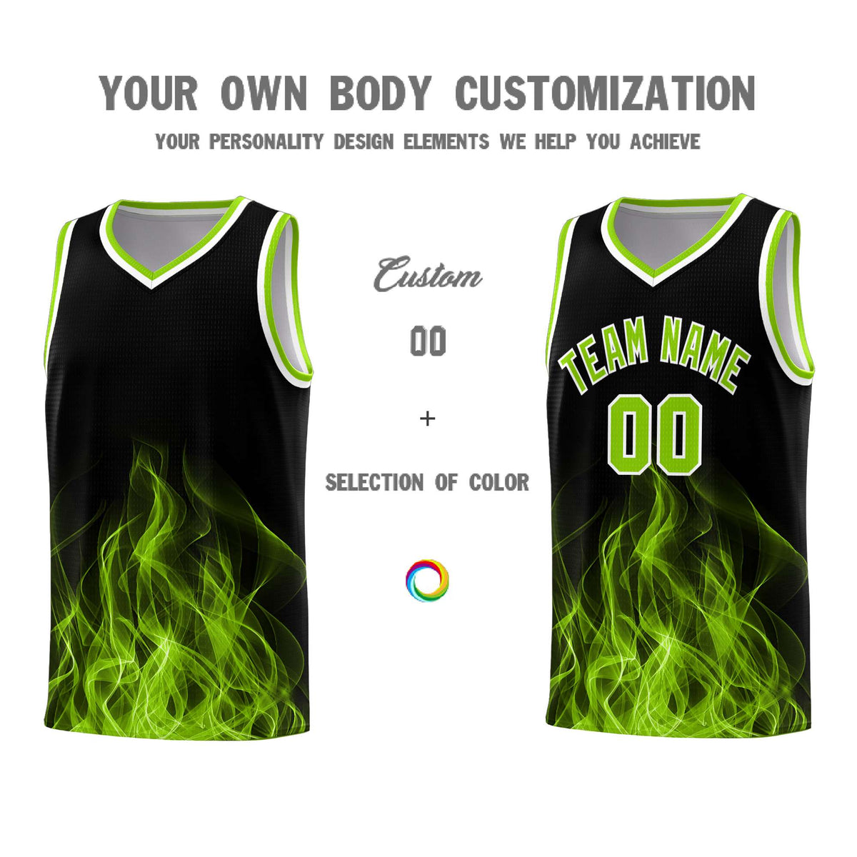 Custom Youth Basketball Jersey Black Neon Green Flame Design Personalized Team Uniform Set