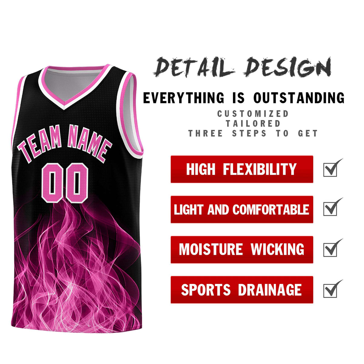 Custom Youth Basketball Jersey Black Pink Flame Fire Design Personalized Team Uniform Set