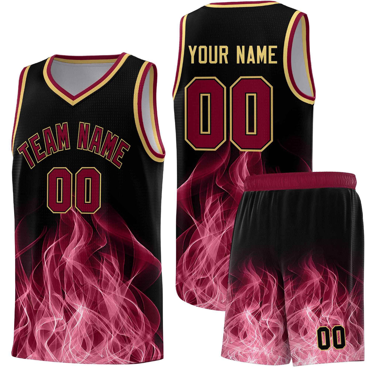 Custom Youth Basketball Jersey Black Crimson Flame Design Unique Team Uniform Set