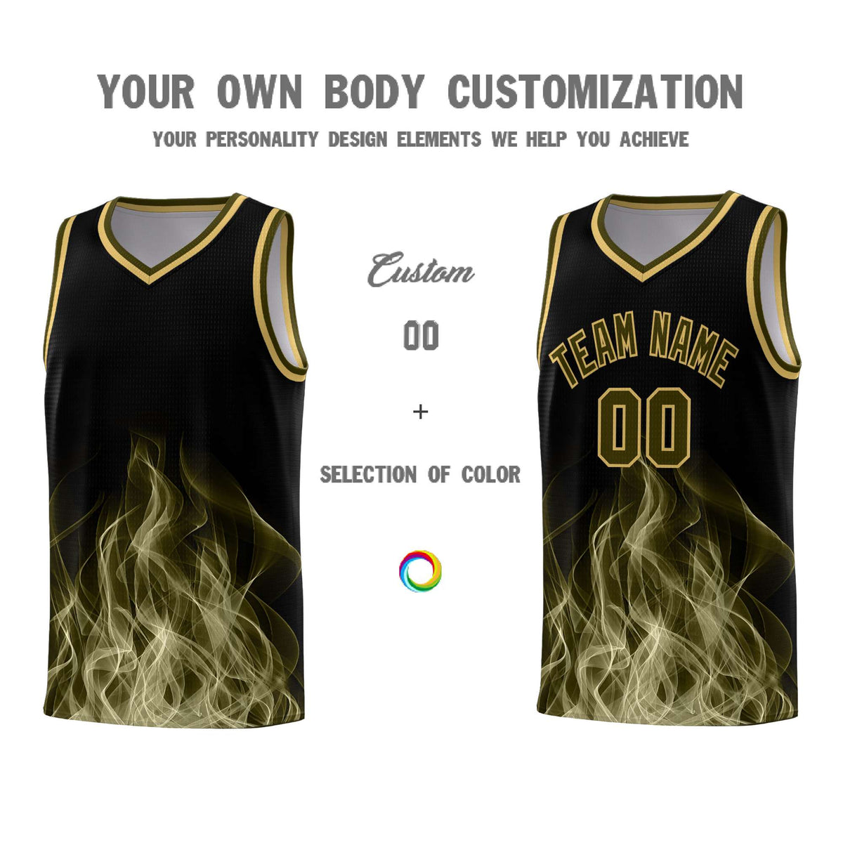 Custom Youth Basketball Jersey Black Khaki Flame Design Personalized Team Uniform Set