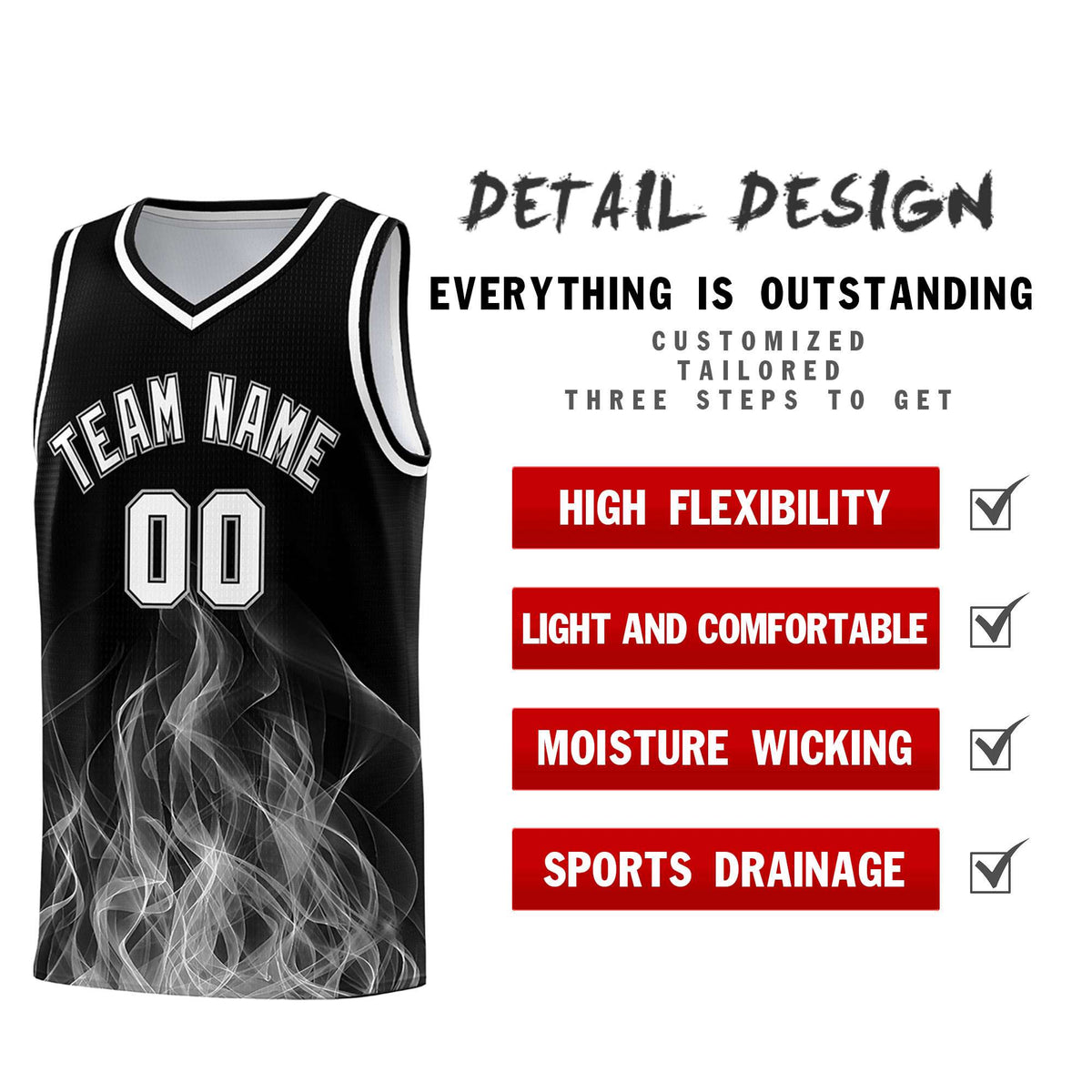 Custom Youth Basketball Jersey Black Gray Flame Fire Design Personalized Team Uniform Set
