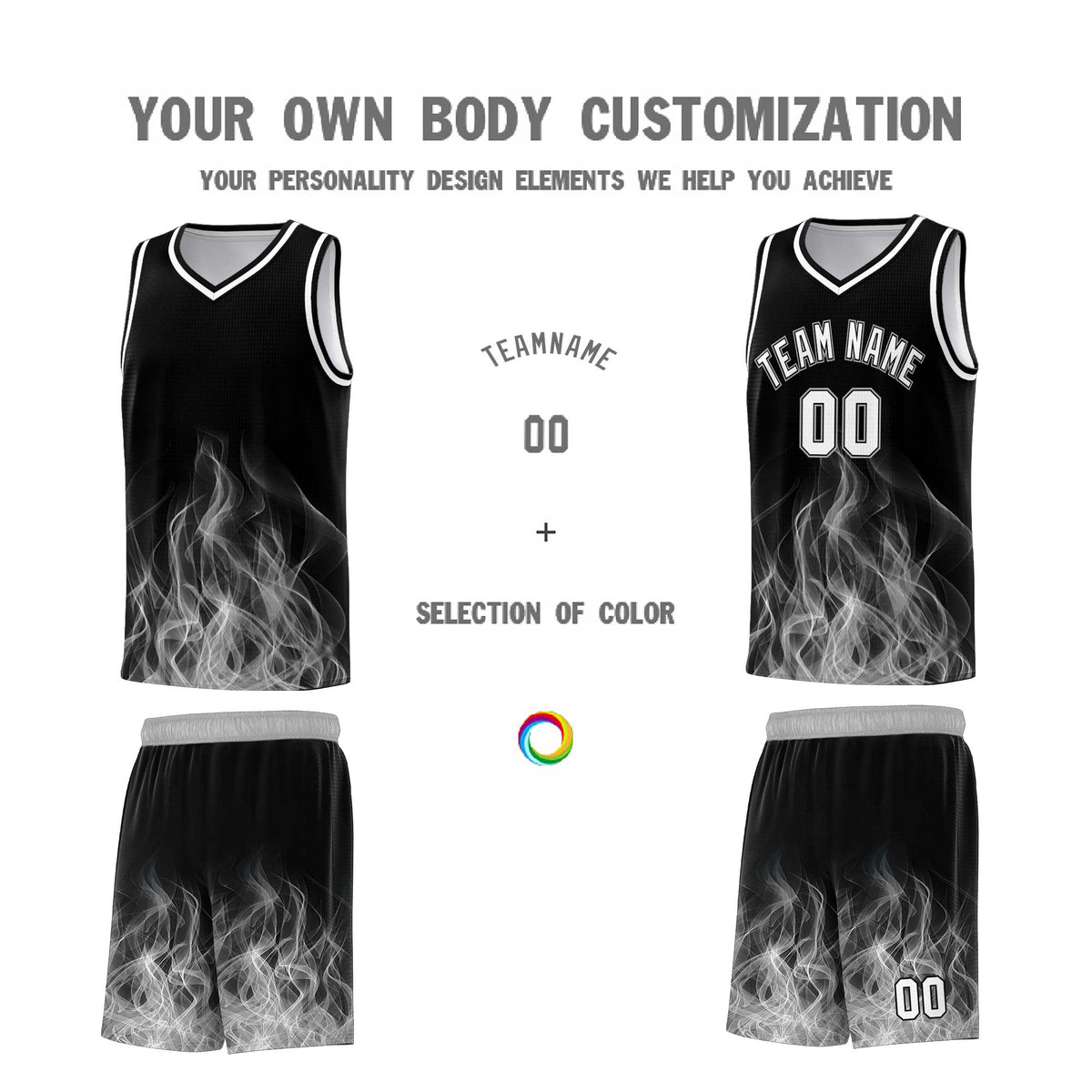 Custom Youth Basketball Jersey Black Gray Flame Fire Design Personalized Team Uniform Set