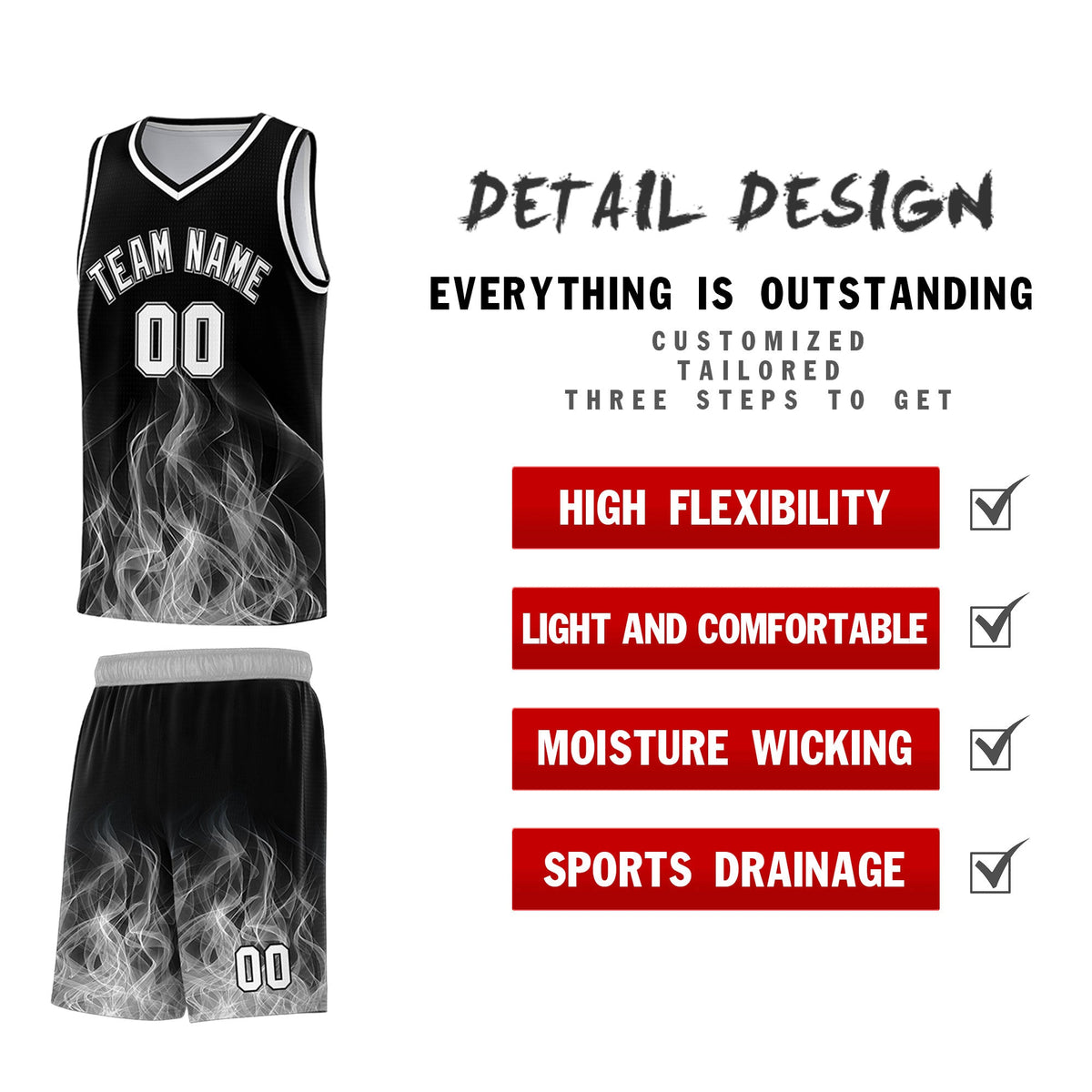 Custom Youth Basketball Jersey Black Gray Flame Fire Design Personalized Team Uniform Set