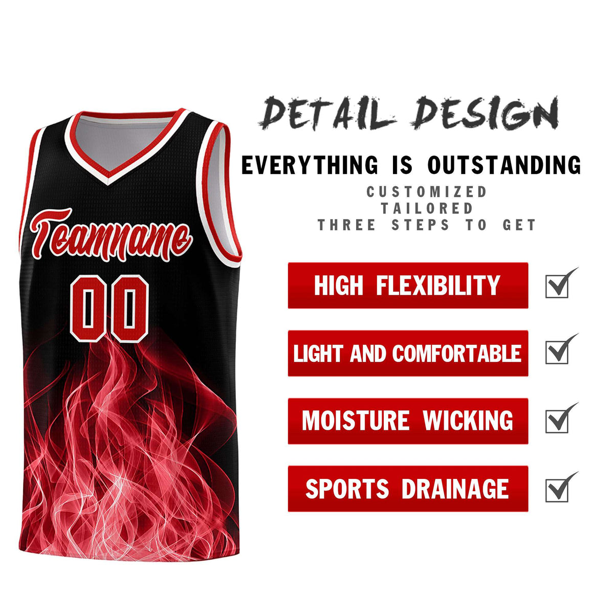 Custom Youth Basketball Jersey Black Red Flame Fire Design Personalized Team Uniform Set