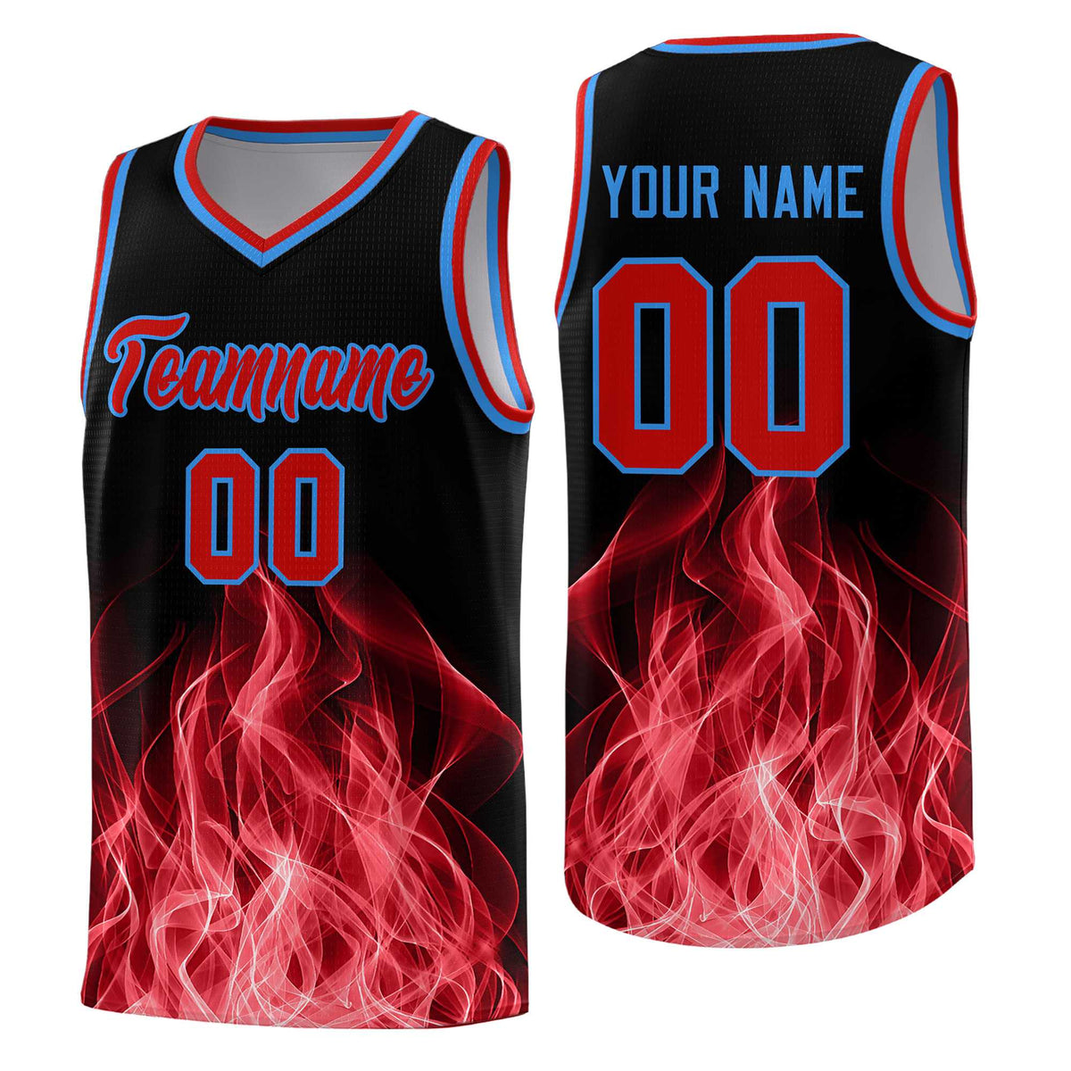 Custom Youth Basketball Jersey Black Red Flame Design Unique Team Uniform Set