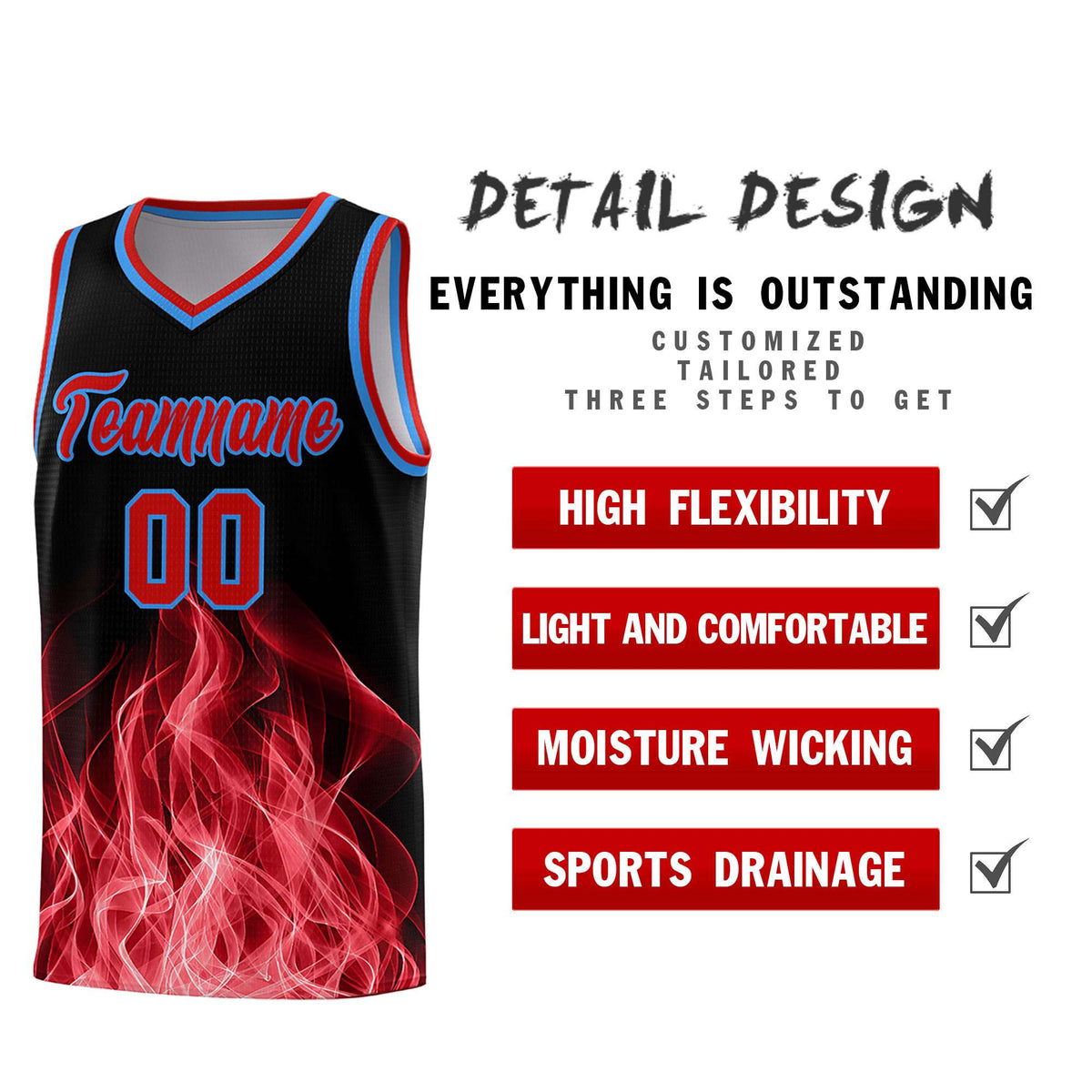 Custom Youth Basketball Jersey Black Red Flame Design Unique Team Uniform Set