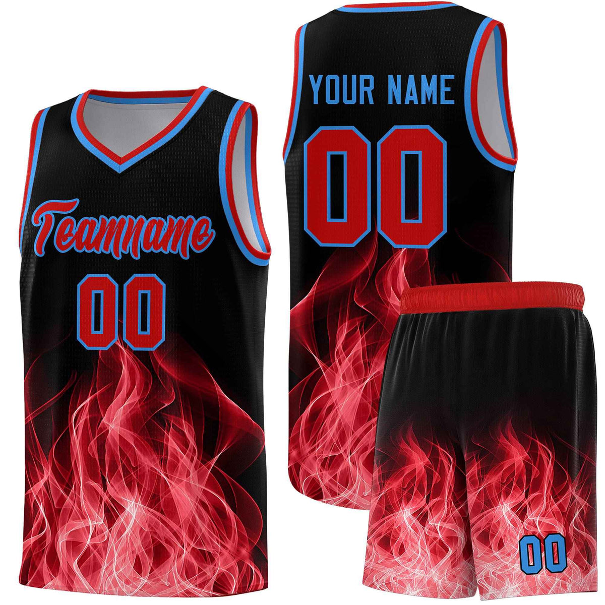 Custom Youth Basketball Jersey Black Red Flame Design Unique Team Uniform Set