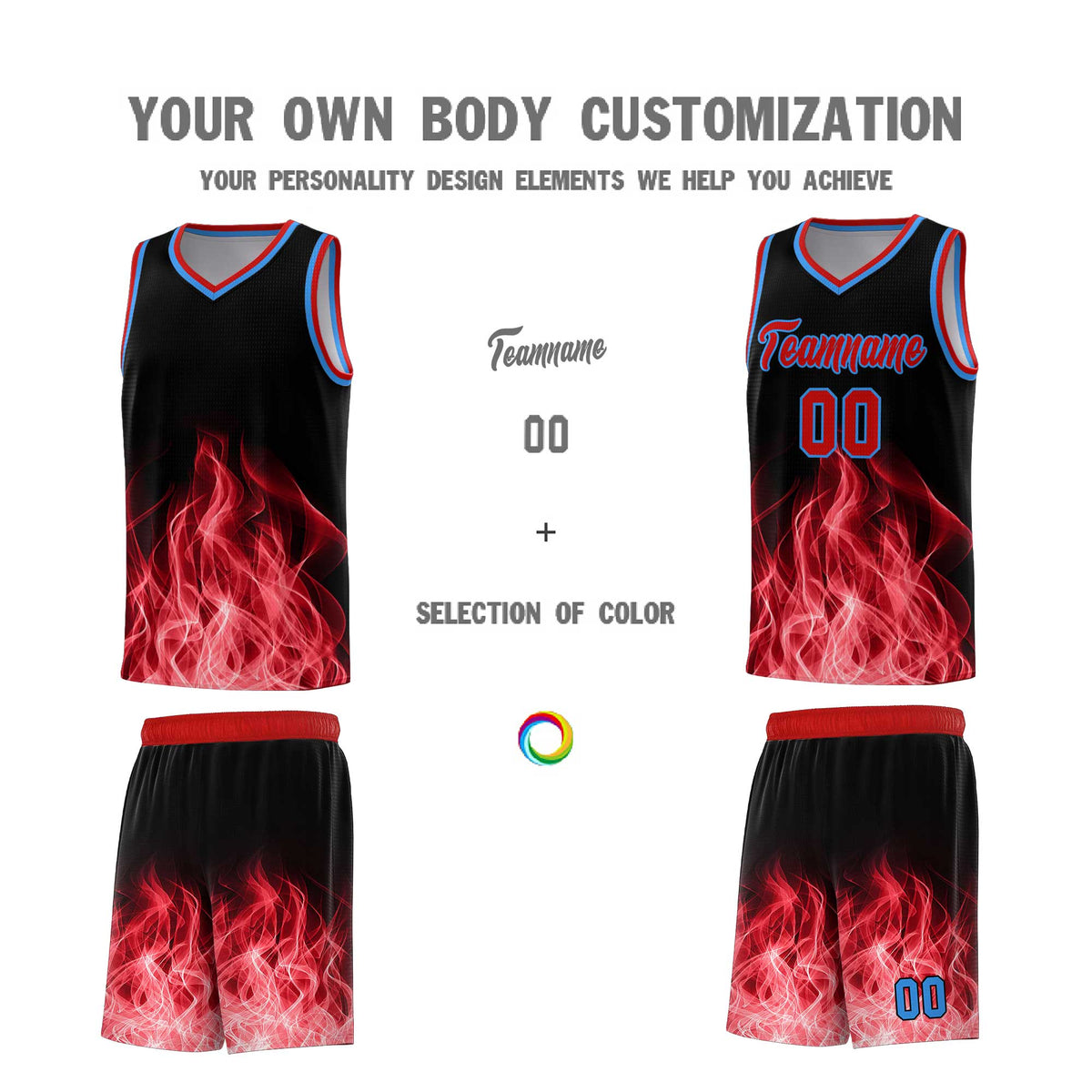 Custom Youth Basketball Jersey Black Red Flame Design Unique Team Uniform Set
